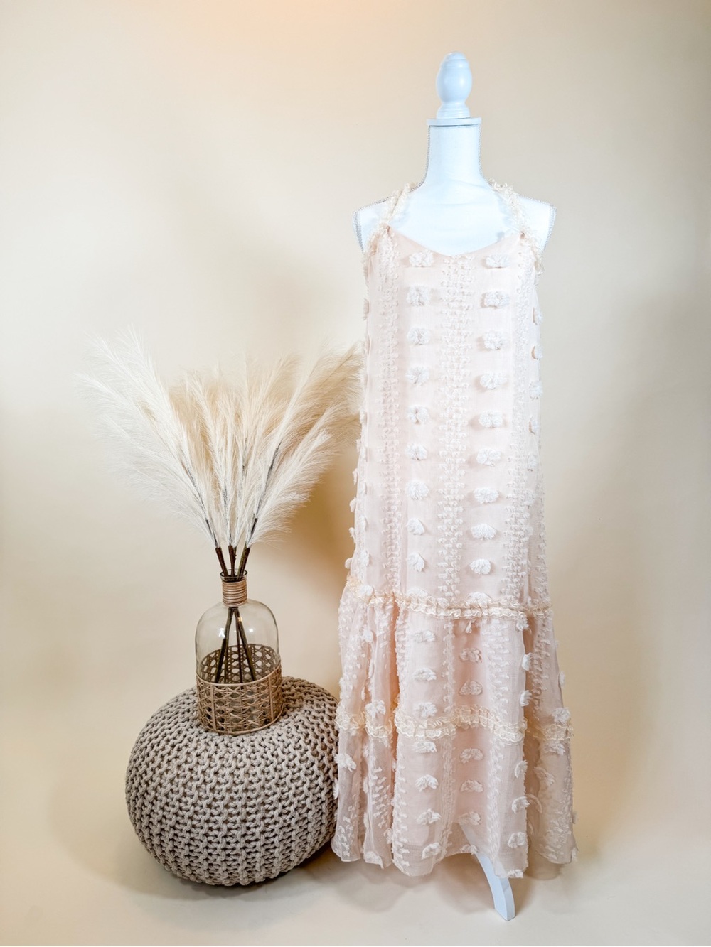 Textured Cream Maxi Dress with Tassel Details